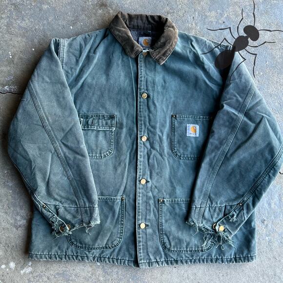 Vintage Carhartt faded green work wear chore coat jacket